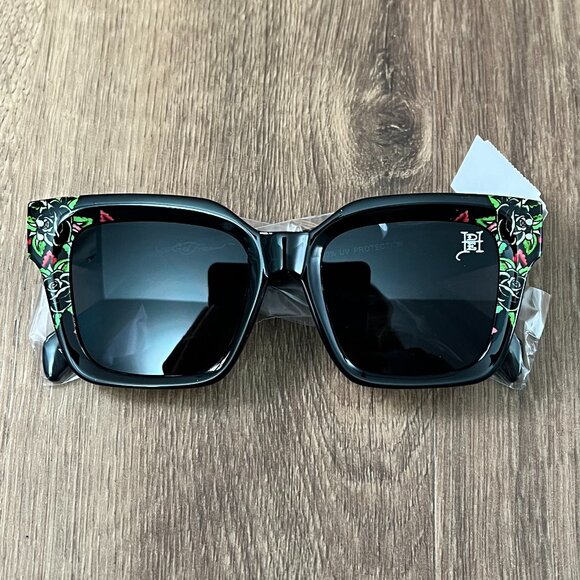 NEW 💀 Ed Hardy ❤️ Large Black Sunglasses Black Rose Floral - Picture 2 of 9